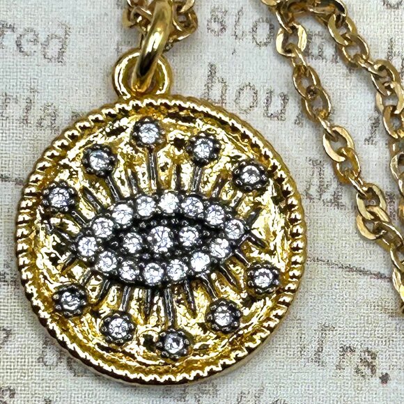 Jewelry - Yellow Gold Plated Evil Eye Symbol Pendant Charm Necklace With Clear Stones